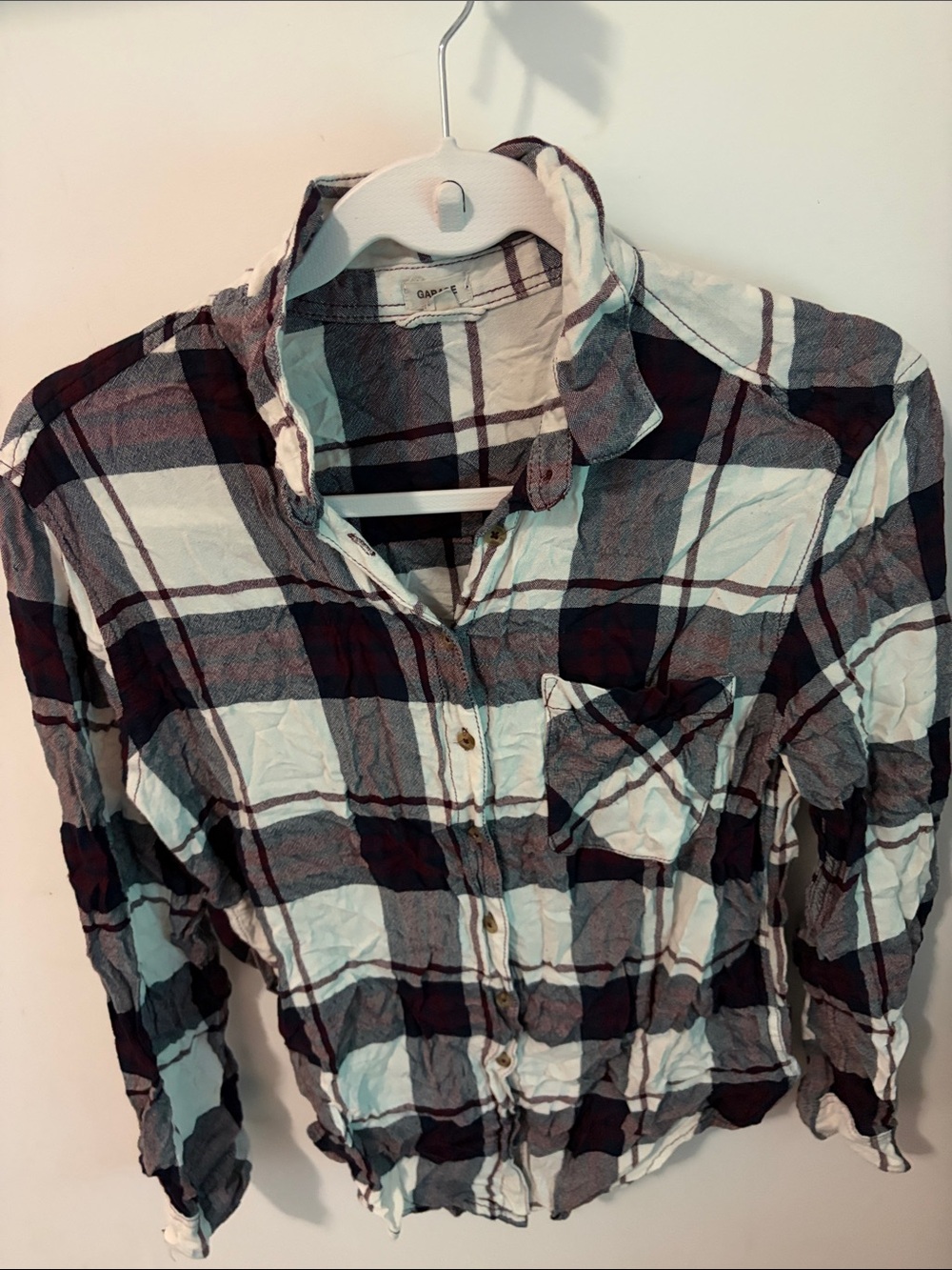 Garage Women’s Plaid Button-Down Shirt in White, Gray & Dark Red